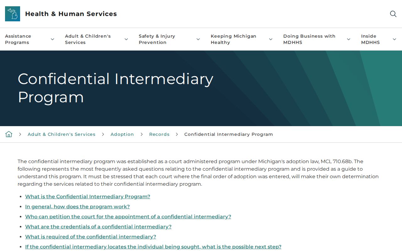 Southgate resident lookup Michigan Confidential Intermediary Program