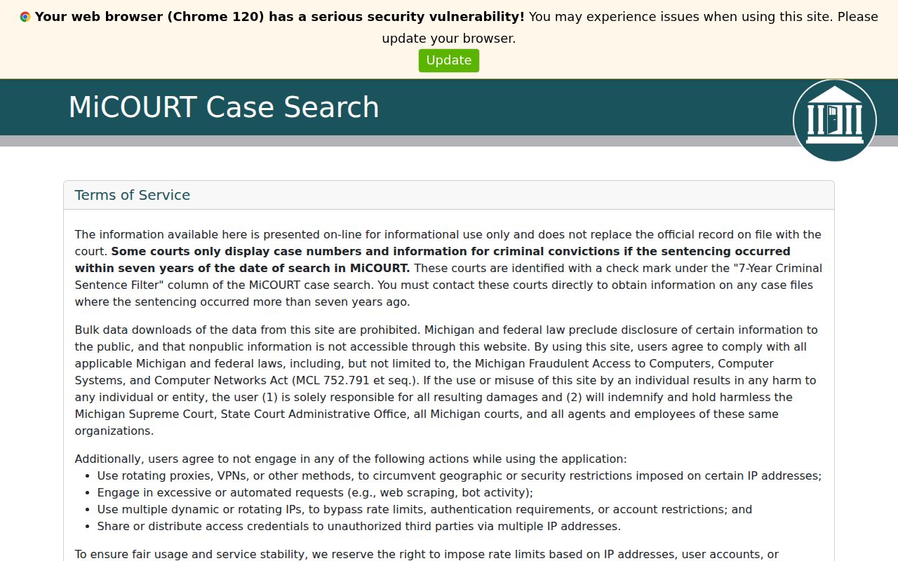 Southgate residents directory MiCOURT case-search screen